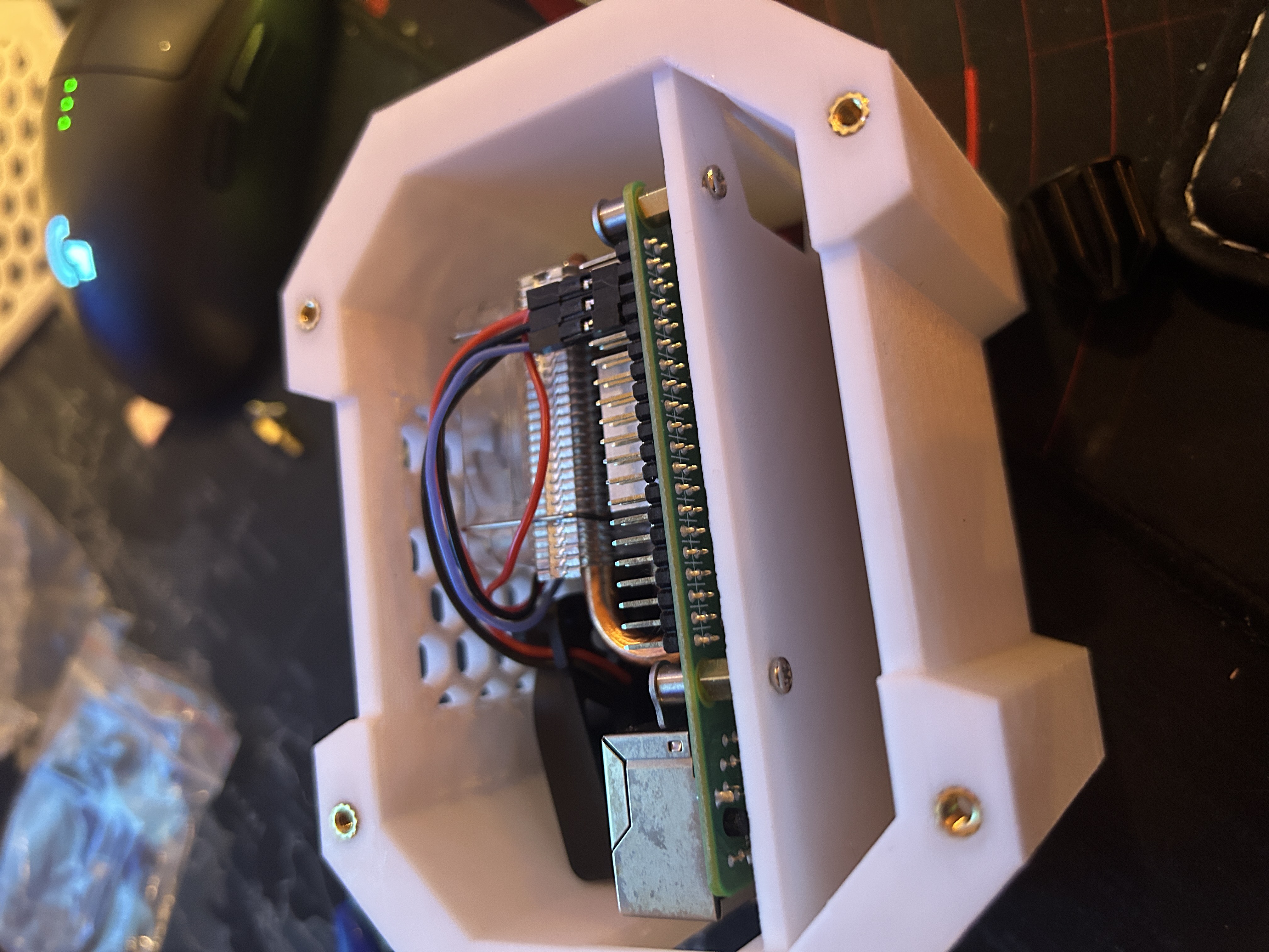 First assembly test of the Raspberry Pi inside the 3D‑printed chassis.